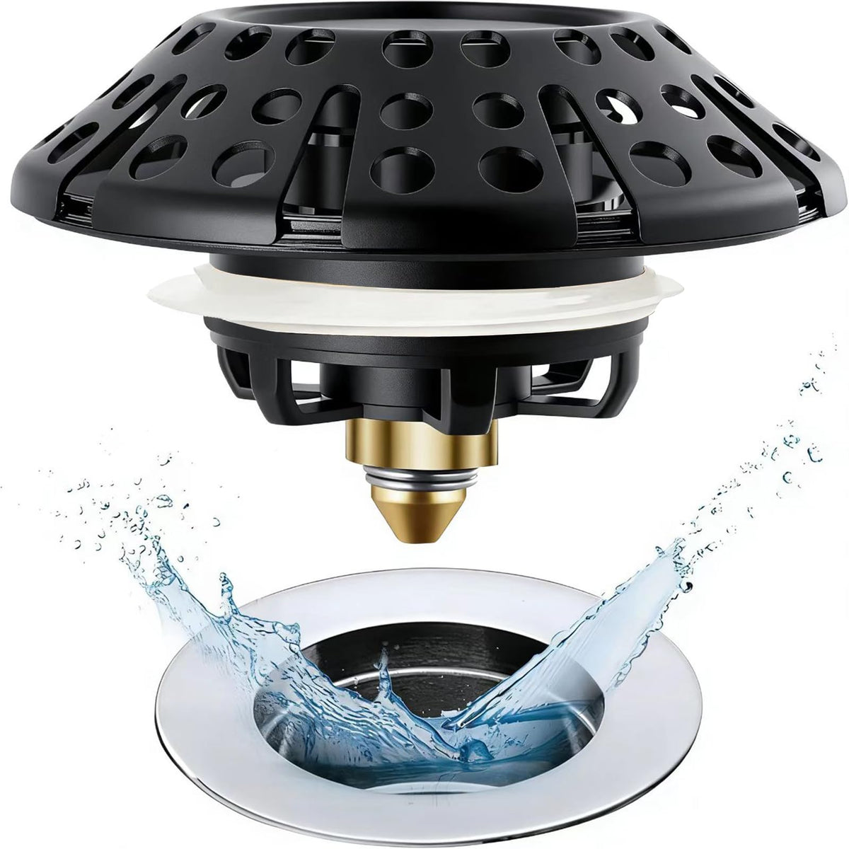 AzWzz bathtub drain stopper in matte black seals smoothly and catches hair.