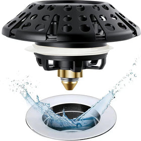 AzWzz bathtub drain stopper in matte black seals smoothly and catches hair.