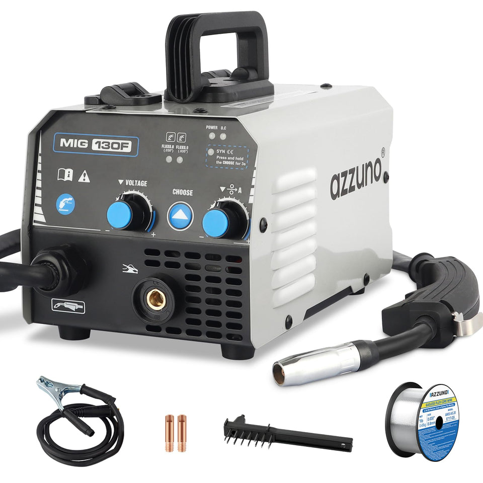 AZZUNO MIG welder 110V front view highlights portability for on-site use.