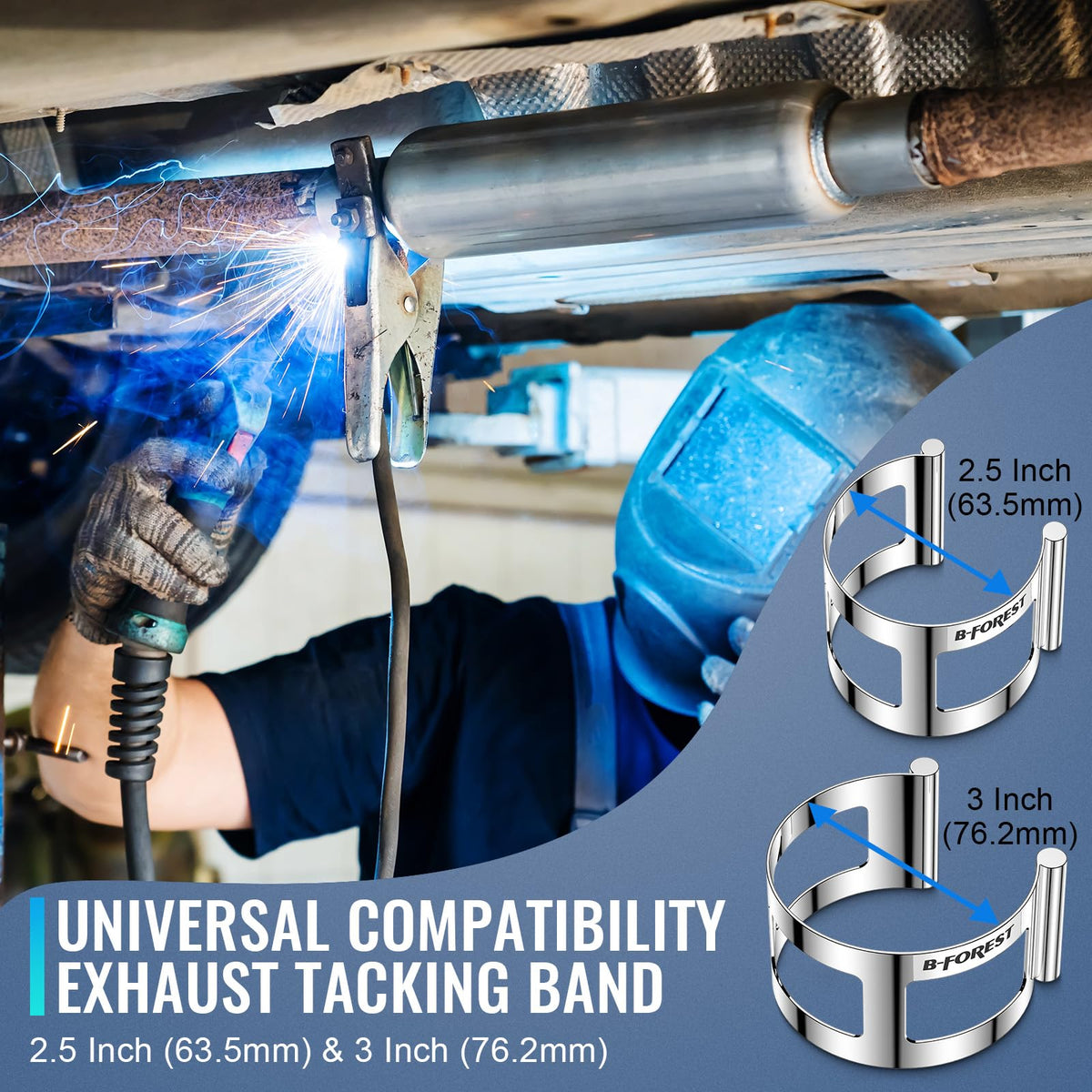B-Forest welding setup with clamp demonstrating secure fit for exhaust repair
