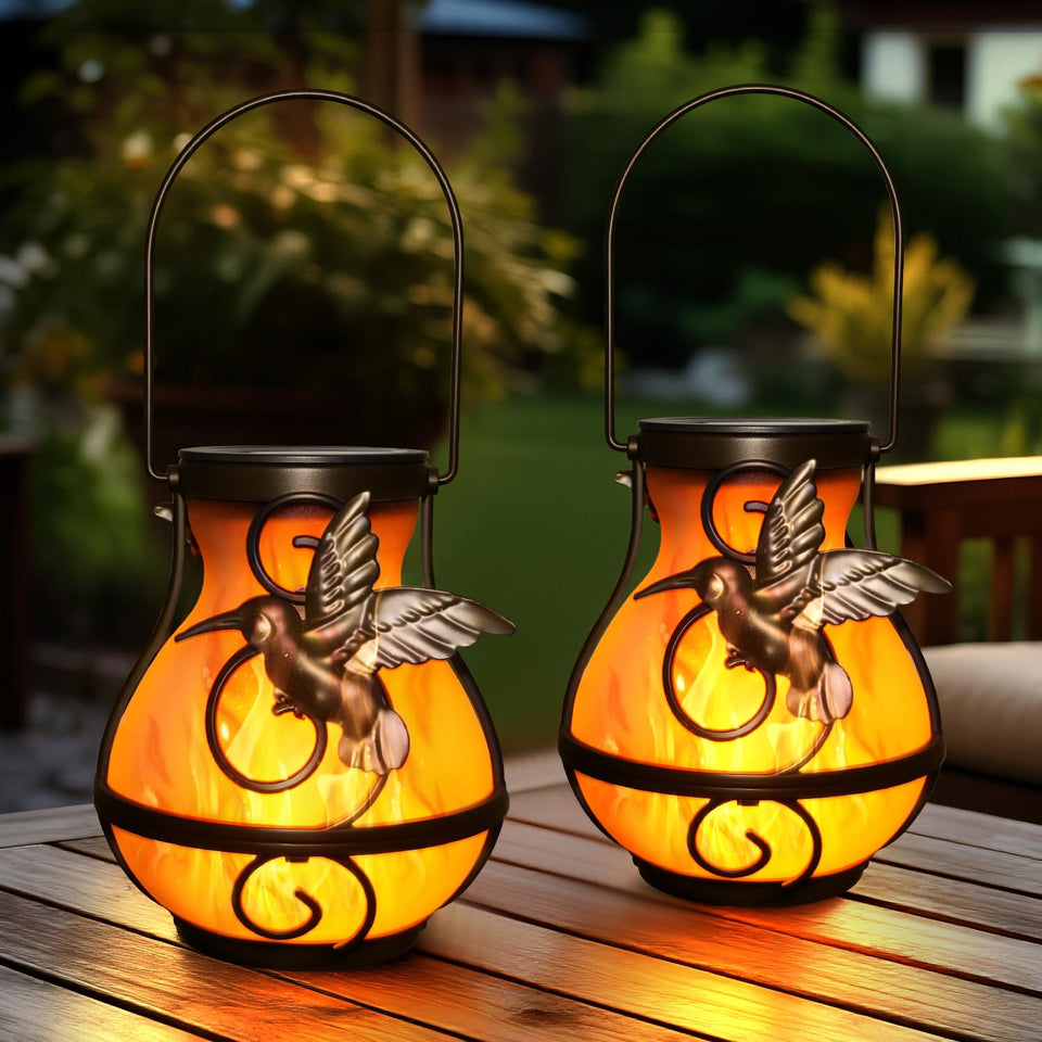 Babineto solar lantern with hummingbird flame for hanging patio ambiance.