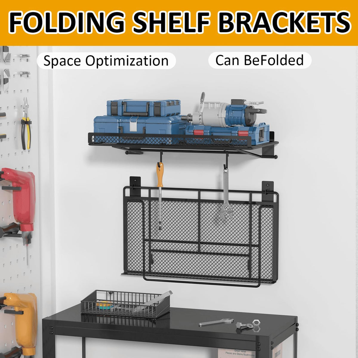 BABKAS wall-mounted shelves installed in a garage for easy tool access.
