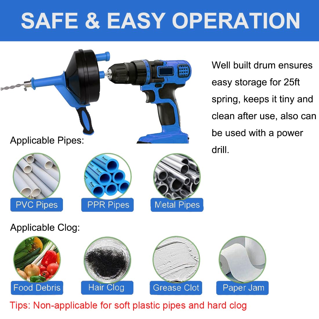BACEYIOU Drain Auger in-use image shows quick drain clearing.