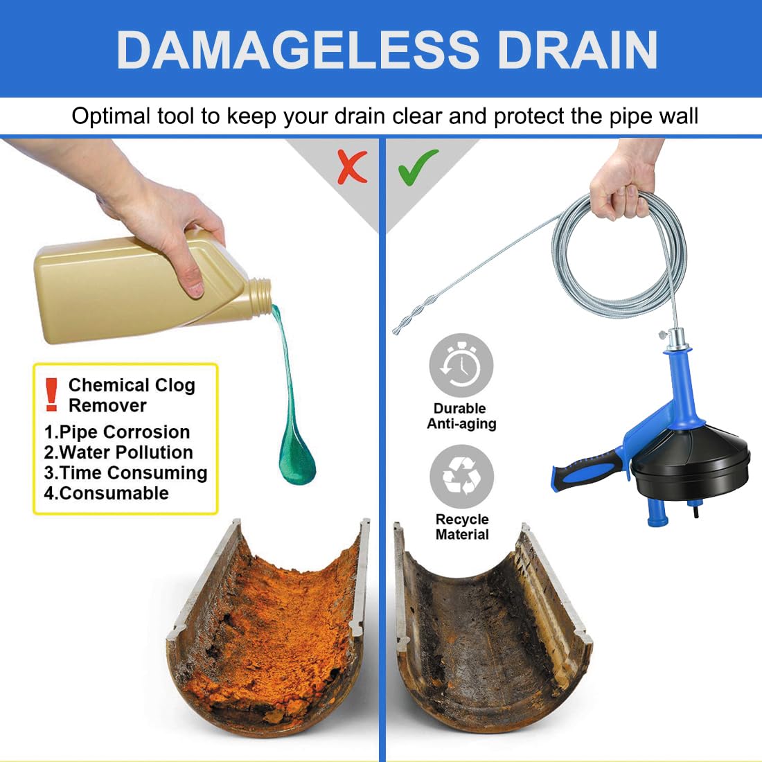 BACEYIOU Drain Auger metal spring helps reach deep clogs.