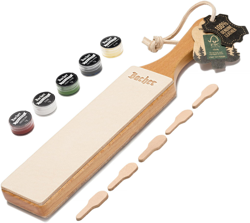 Bacher premium leather strop handmade in Poland for precise knife sharpening.