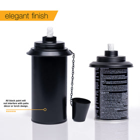 Backyadda torch canister with snuffer cap attached for safe extinguishing.