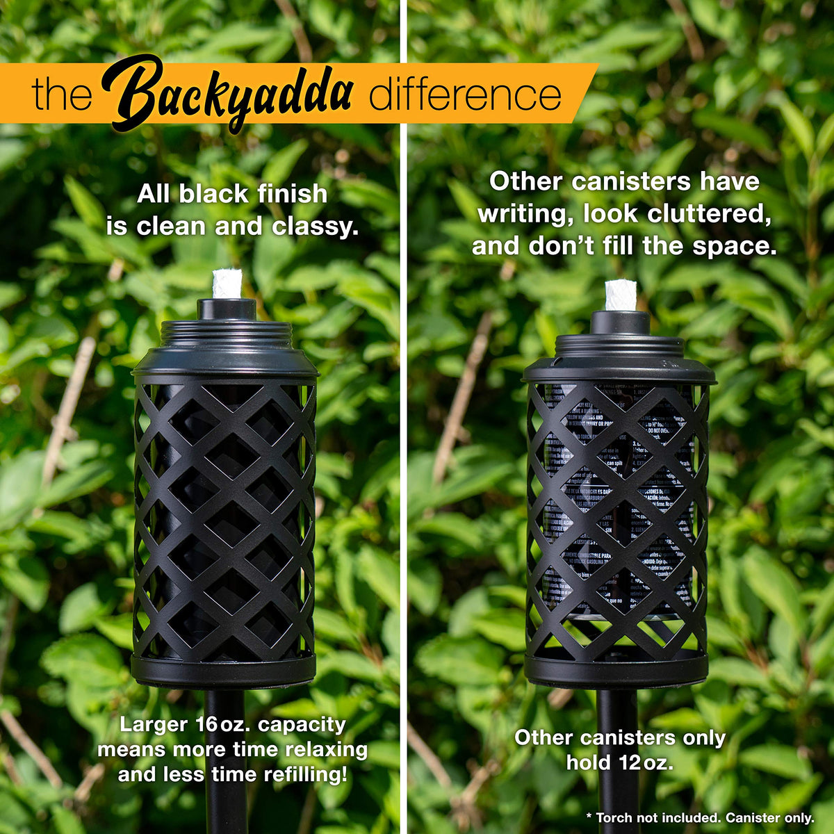 Backyadda torch canister wide-mouth fill enables easy refilling