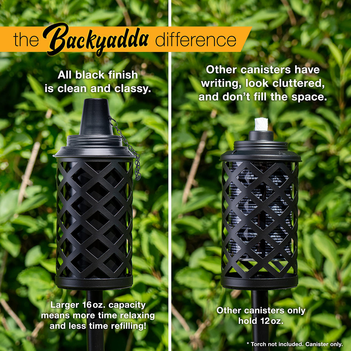 Backyadda torch canister metal exterior blends with open flame decor.