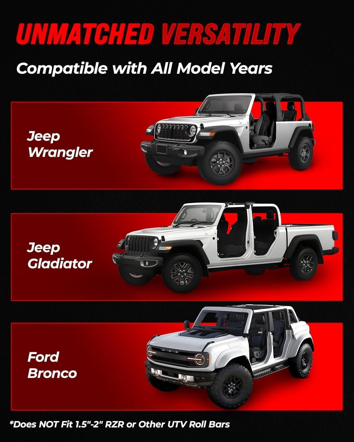 Badass Moto compatible with Wrangler and Gladiator models for versatile safety gear.