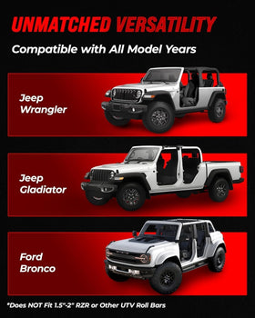 Badass Moto compatible with Wrangler and Gladiator models for versatile safety gear.