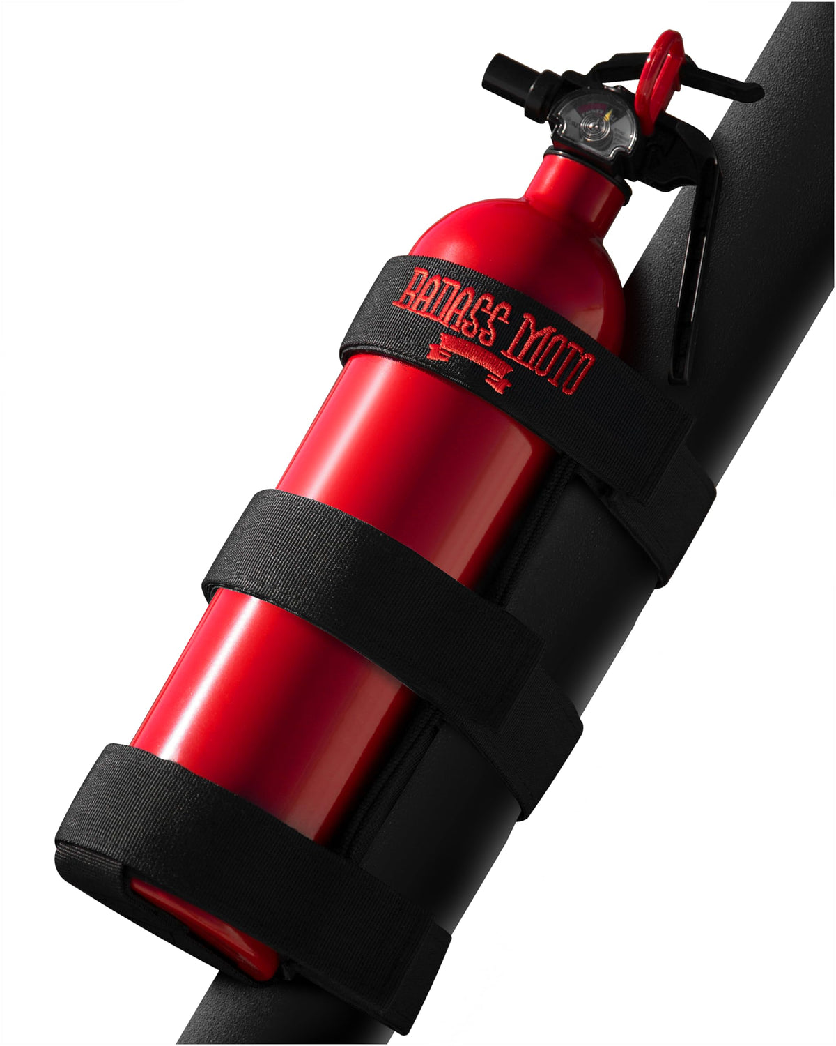 Badass Moto Jeep fire extinguisher mount on roll bar for quick access.