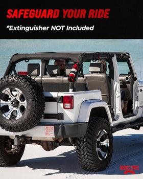 Badass Moto roll-bar mount keeps extinguisher accessible during overland trips.