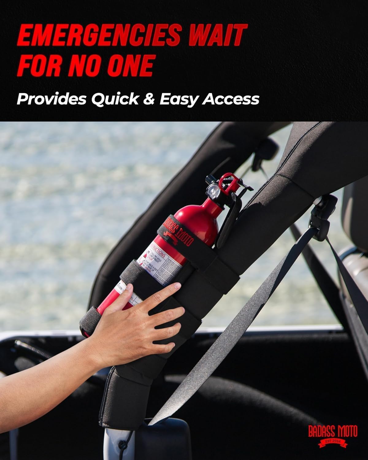 Badass Moto weather-resistant extinguisher mount resists sun and rain.