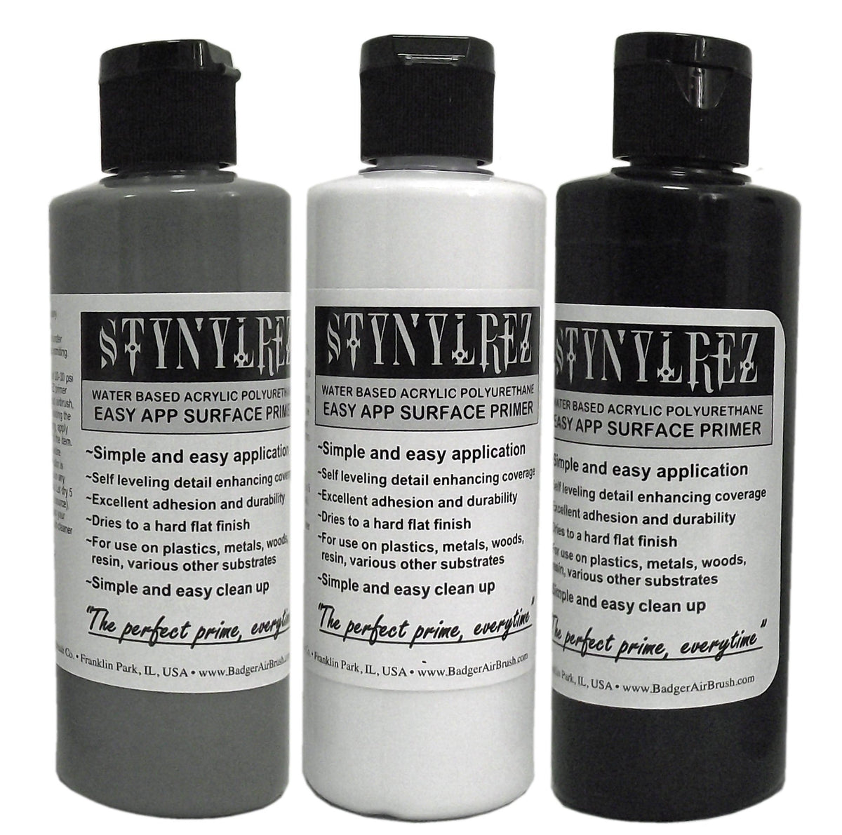Badger SNR-410 Stynylrez primer bottle with white, gray, and black options for strong adhesion