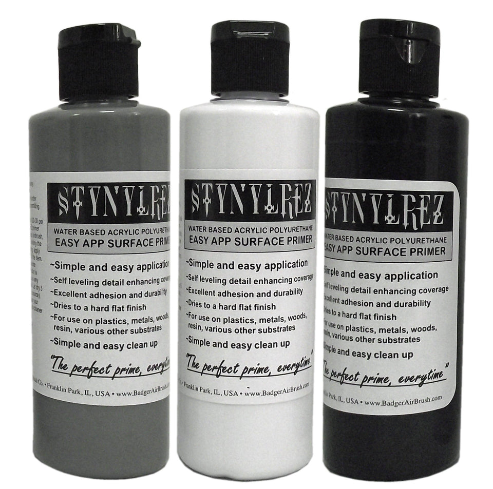 Badger SNR-410 Stynylrez primer bottle with white, gray, and black options for strong adhesion