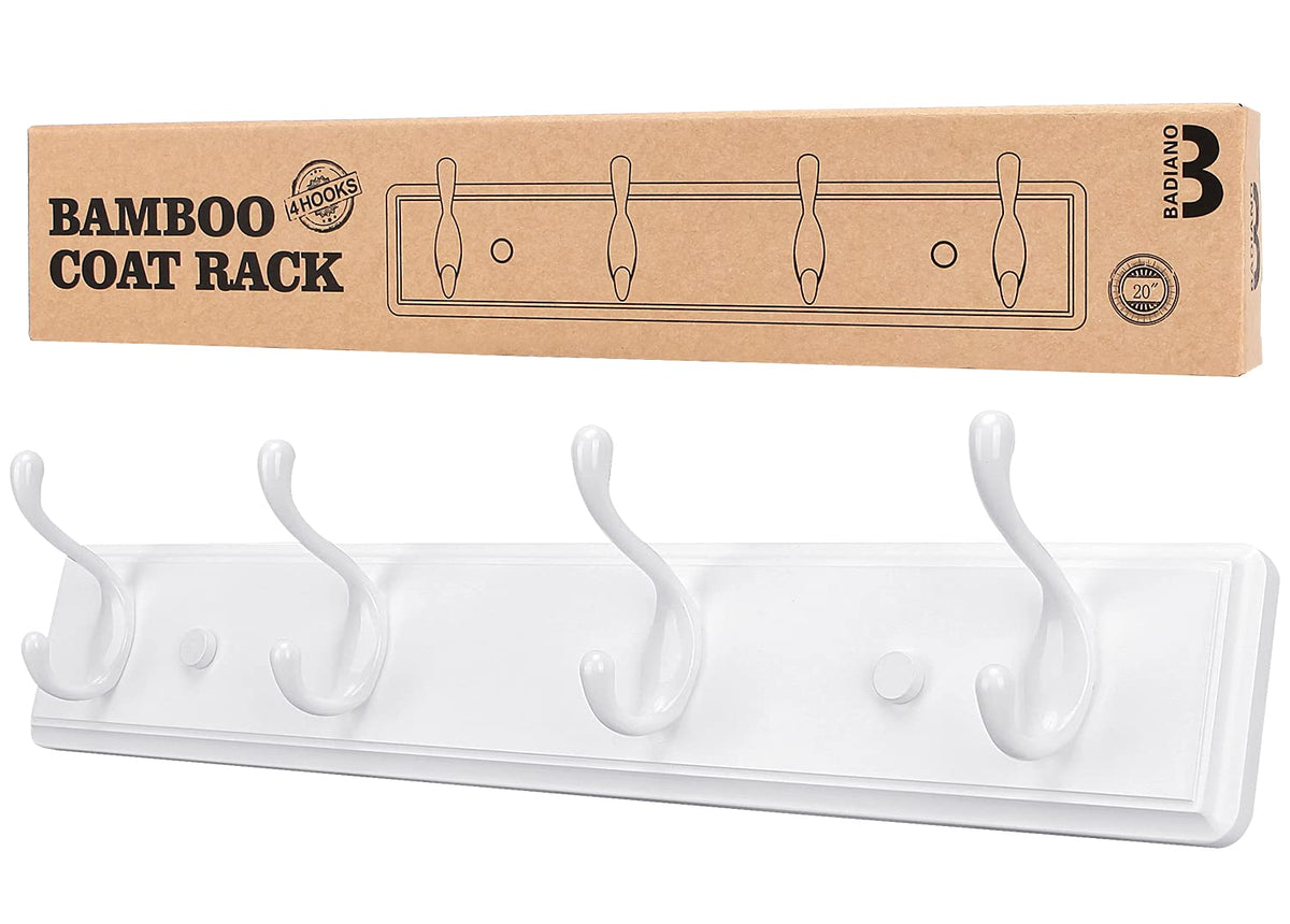 Badiano wooden coat rack with four hooks mounted on white wall for clutter-free entryways