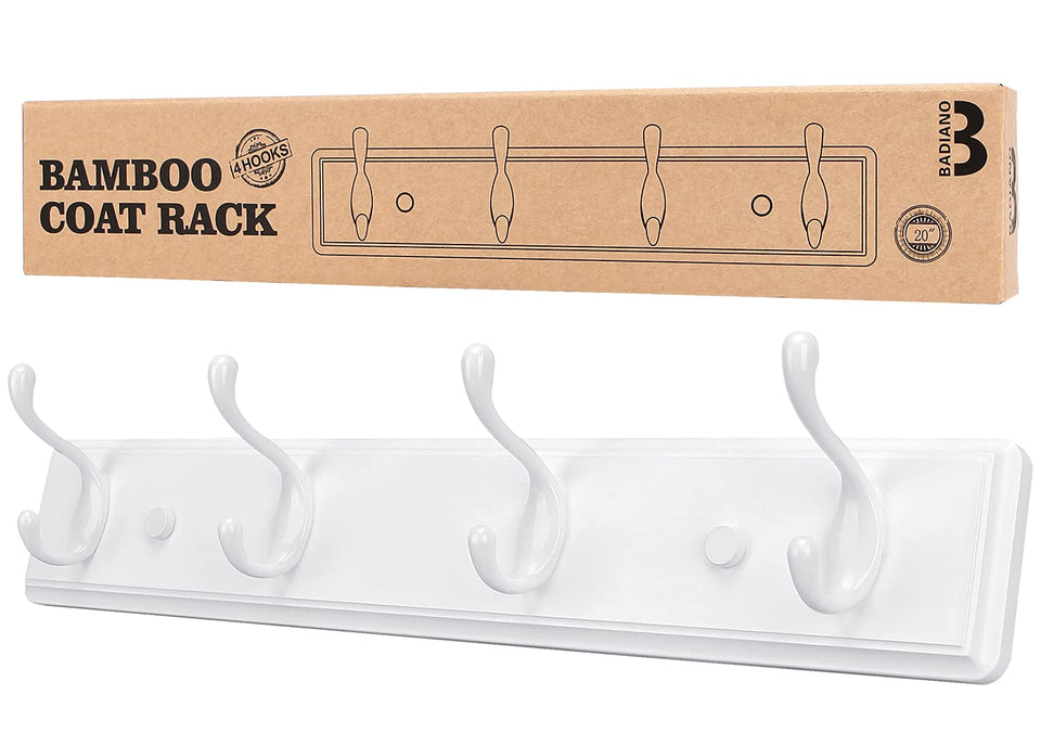 Badiano wooden coat rack with four hooks mounted on white wall for clutter-free entryways