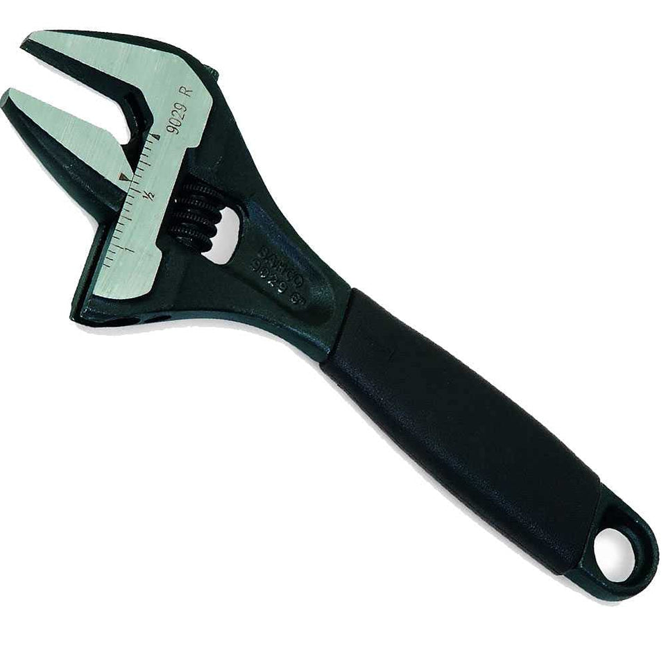 Bahco BAH9029RUS 6-inch Ergo adjustable wrench with extra-wide jaw for tight spaces.