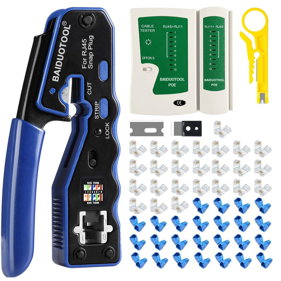 BAIDUOTOOL RJ45 crimp tool kit with pass-through connectors enables reliable network wiring
