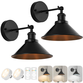Bailoch black vintage wall sconce 2-pack, angle view, cordless installation.