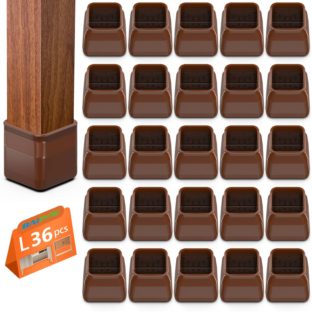 BAIPOK square chair leg protector on brown legs reducing scratches