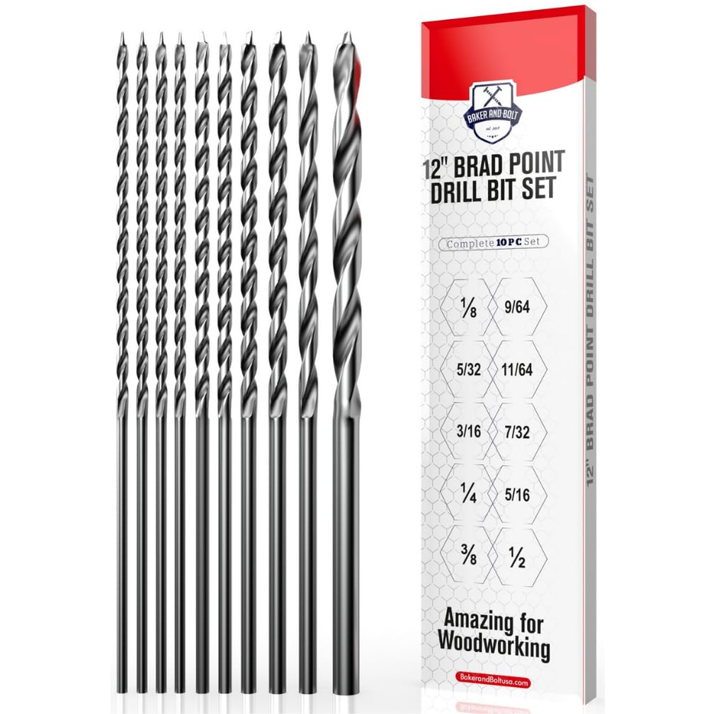 Baker and Bolt extra-long 12-inch Brad Point Bits for precise pilot holes.
