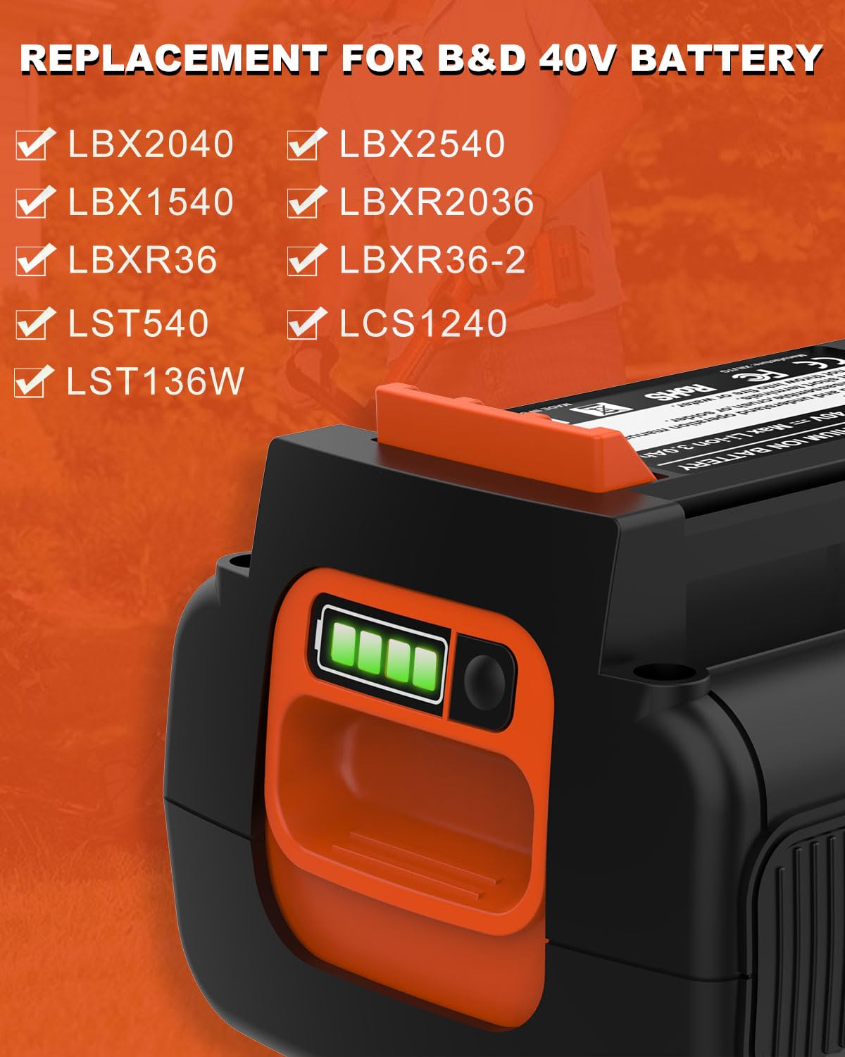 Bakipante 40V Max battery side view highlighting compact design.