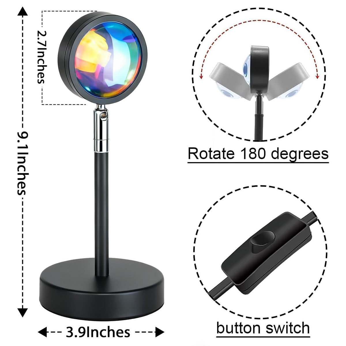 Balkwan Sunset Lamp 180-degree head for adjustable lighting angles.