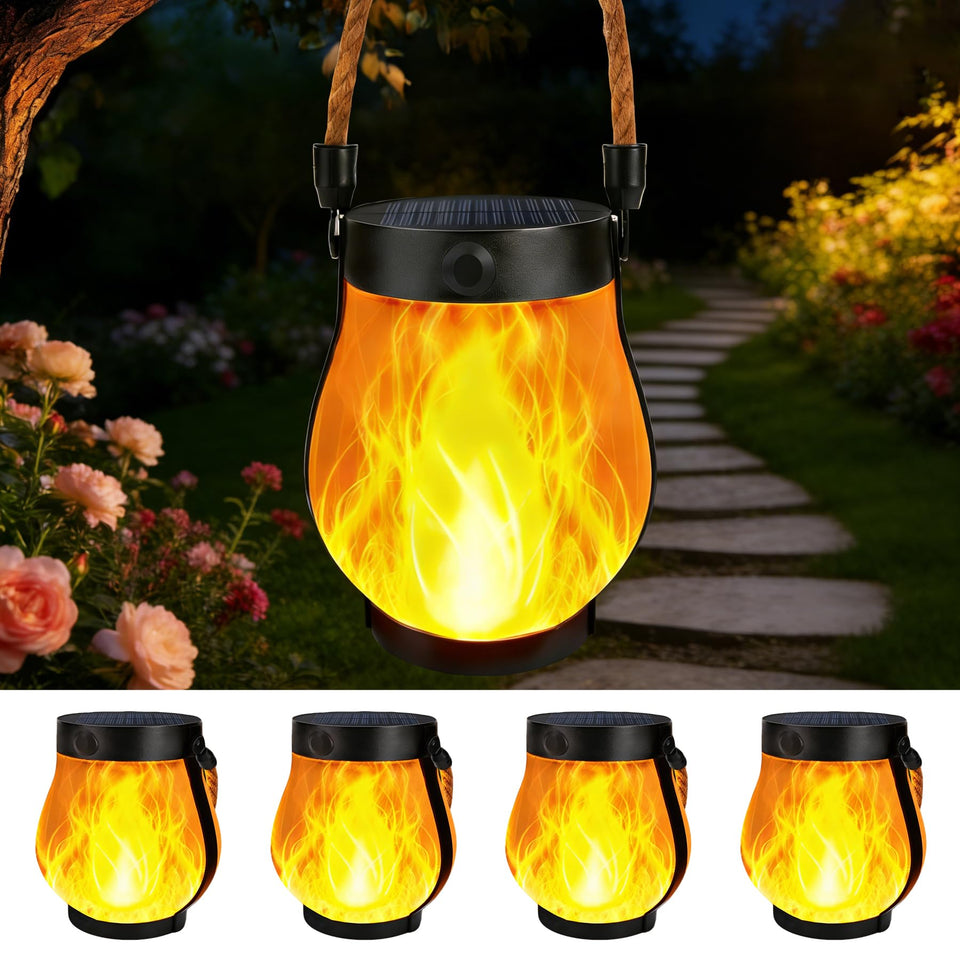 BANBANJO solar flame lantern hanging on patio for warm evening ambience.