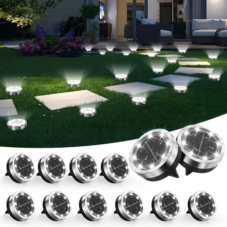 Banbanjo solar ground light disk in stainless steel marks garden paths at night