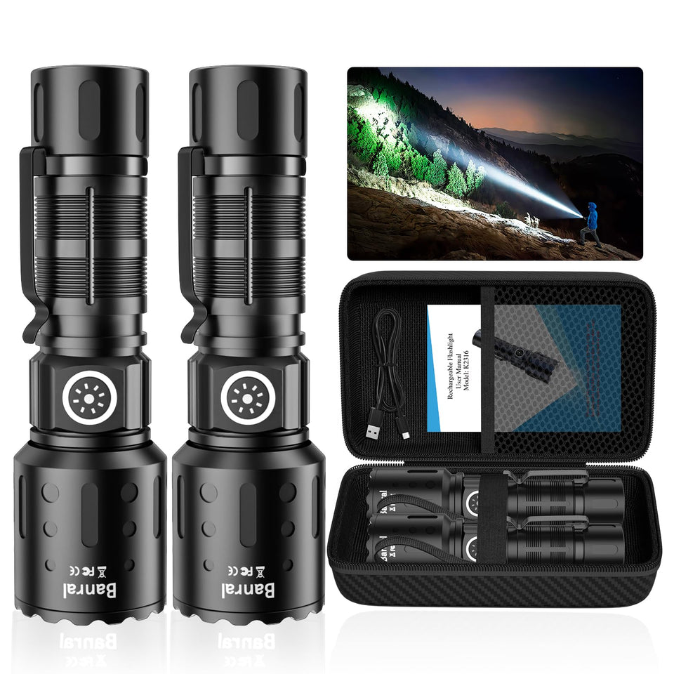Banral rechargeable flashlight with ultra-bright beam for long-range visibility up to 1000 meters.