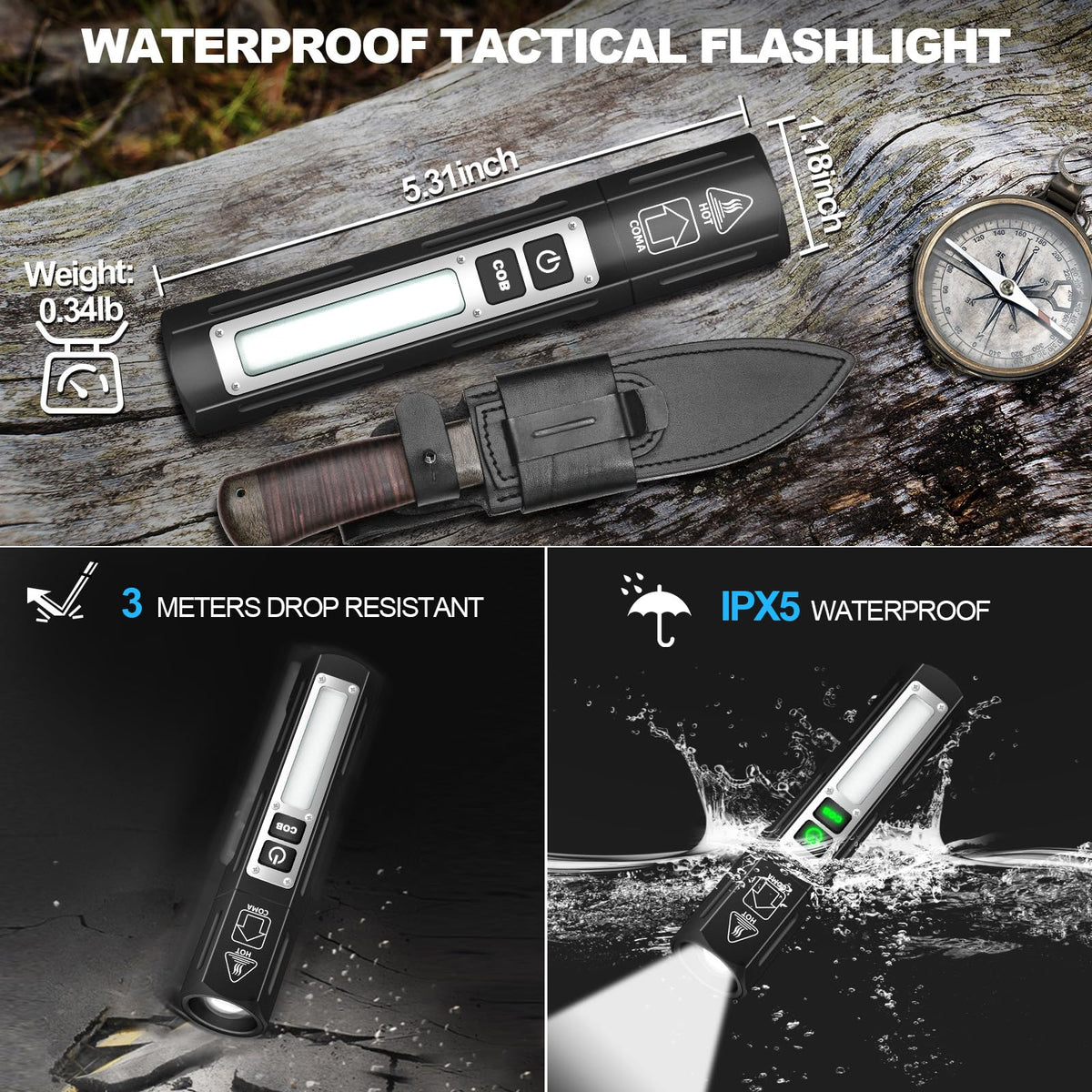 Banral zoomable focus flashlight demonstrating floodlight to spotlight adjustment