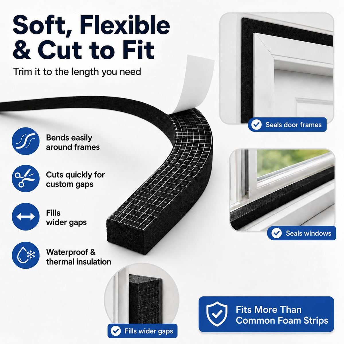 Bantie 1x1 foam strip adheres securely to window frames.