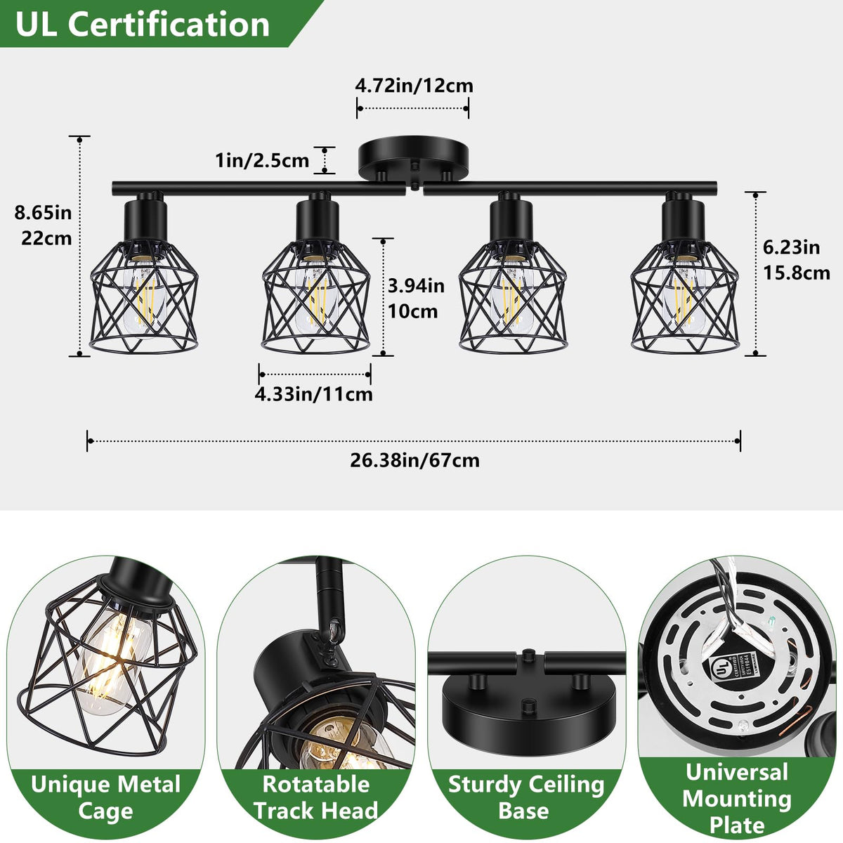 Baocuz 4-Lights metal cage detail highlights sturdy farmhouse style and easy cleaning