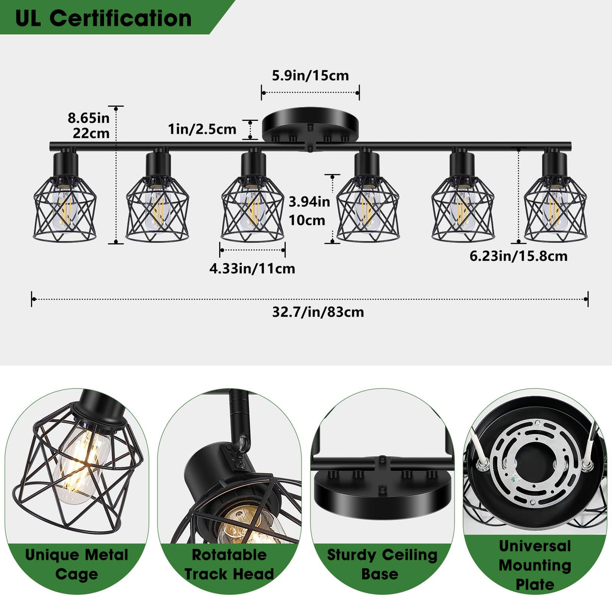 Baocuz multi-directional ceiling light heads with wire cages for targeted ambiance.