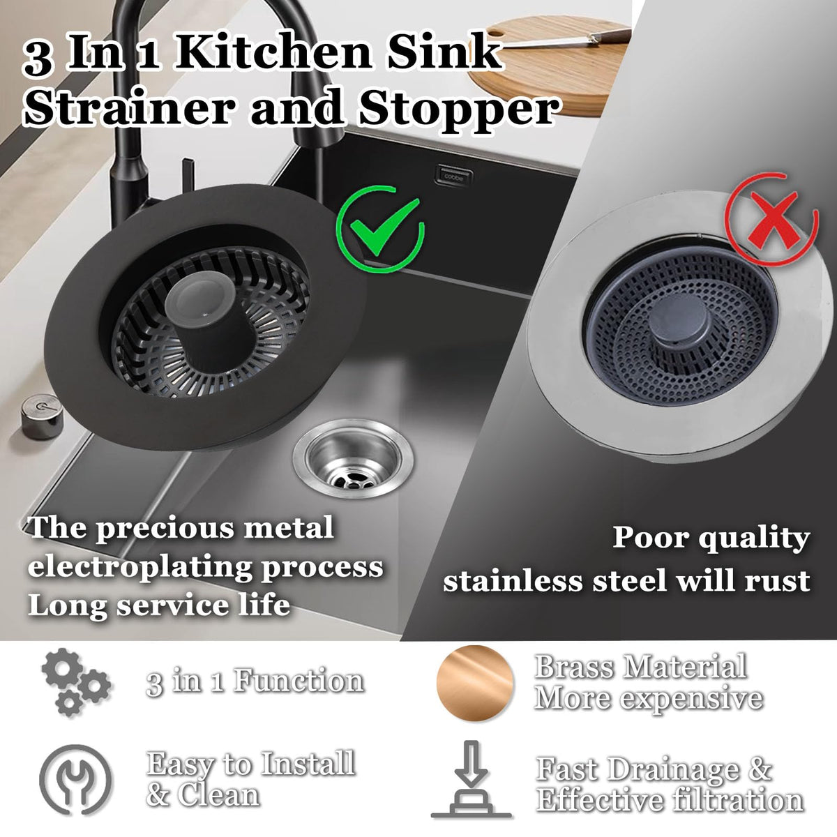 BAOLSLS universal-fit drain for standard 2.83–3.38 inch openings.