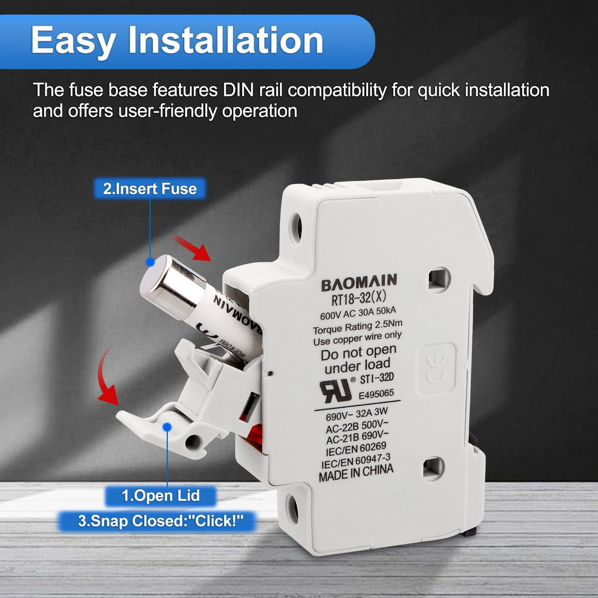 Baomain DIN rail fuse holder pack image highlighting five fuses included.