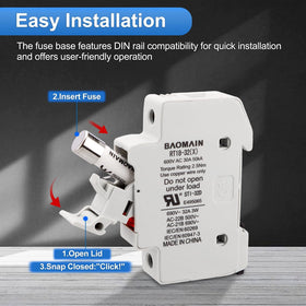 Baomain DIN rail fuse holder pack image highlighting five fuses included.
