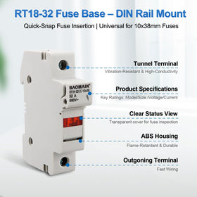 Baomain fuse holder on DIN rail showing 32A and 690V rating with sturdy terminals.