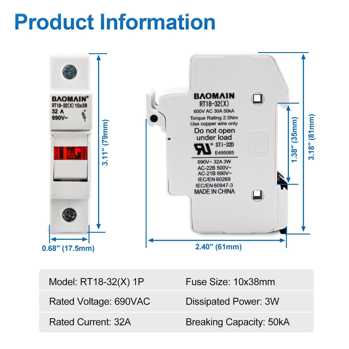 Baomain RT18-32(X) 1P fuse holder with LED indicator visible for quick status.