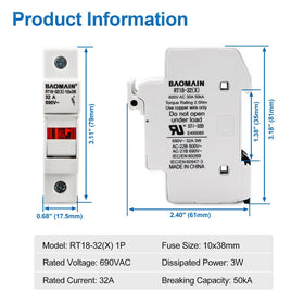 Baomain RT18-32(X) 1P fuse holder with LED indicator visible for quick status.