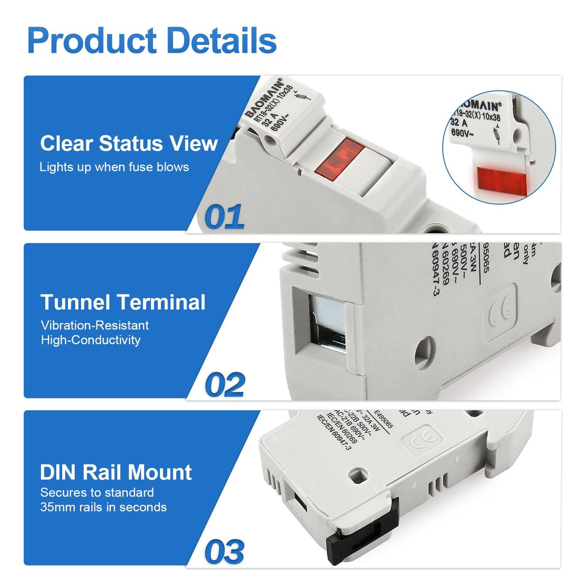 Baomain RT18-32(X) 1P with 50kA breaking capacity in a control panel.