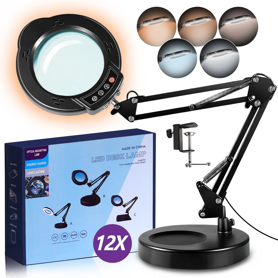 Baoomalongly 12x magnifying glass with light on stand for precise close viewing.