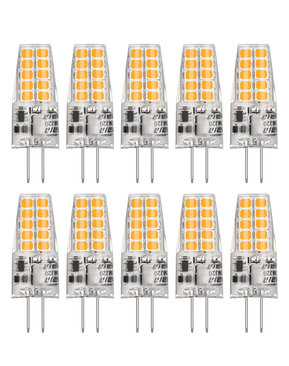BAOMING G4 LED bulb in a chandelier with 12V base for energy-efficient warm light.