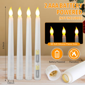 Baquler battery-operated taper candles light quickly with two AAA batteries for safe ambiance.