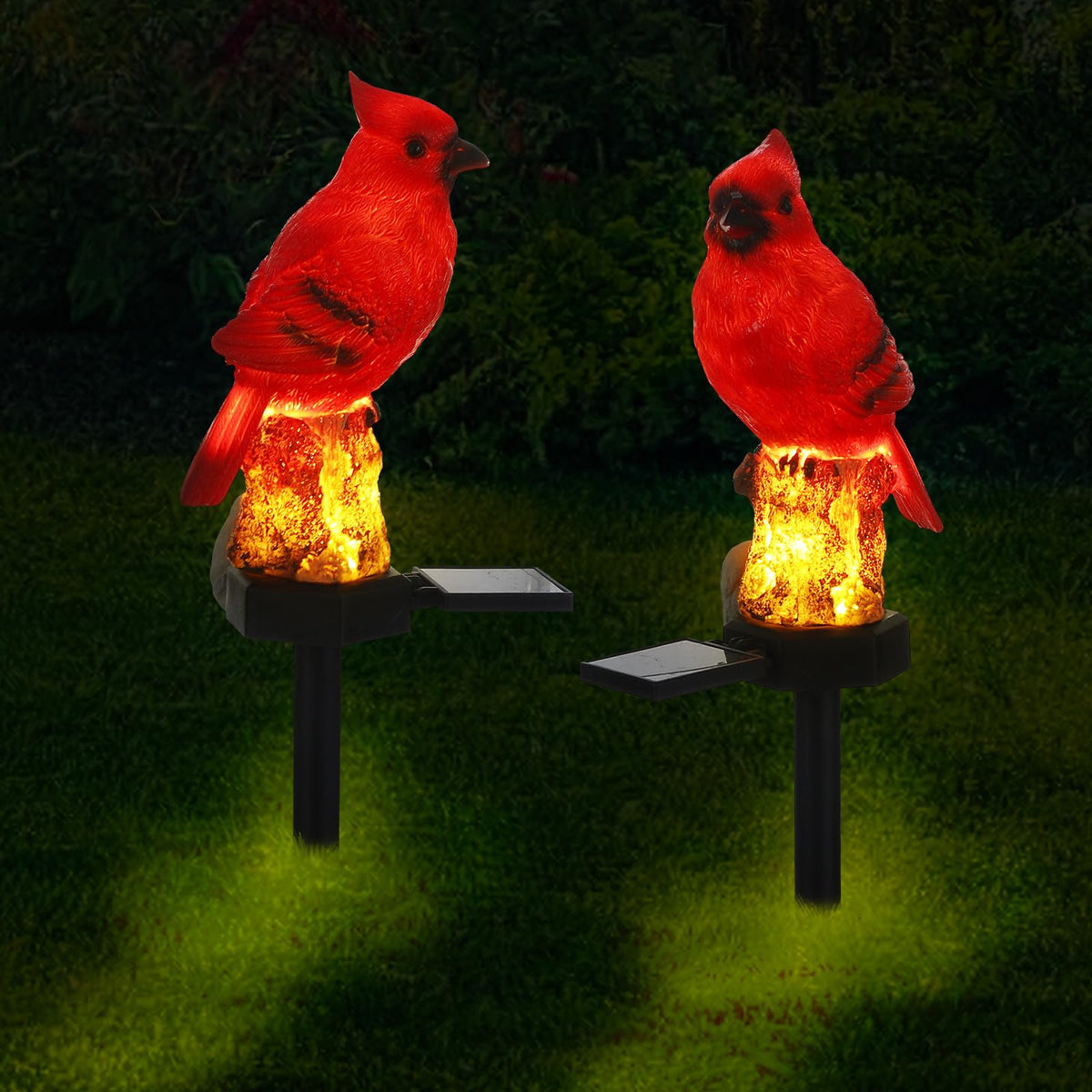 Baquler cardinal solar light red bird perched stake along pathway