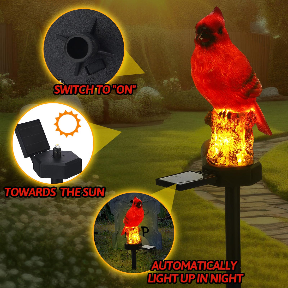 Baquler cardinal solar light red bird stake installed in flower bed