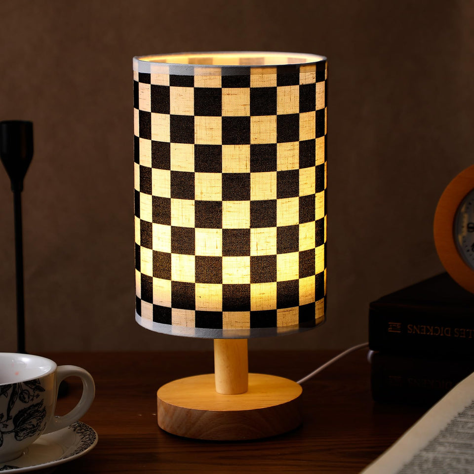 Baquler checkered lamp base with natural wood elevates bedside ambiance