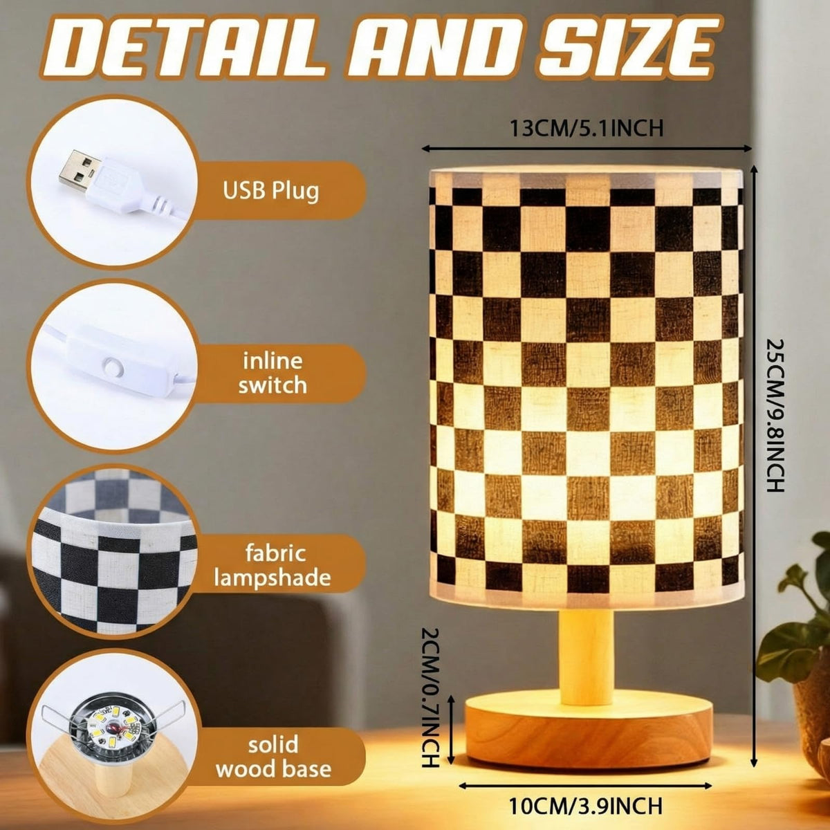 Baquler checkered lamp shade softens light for reading and relaxation