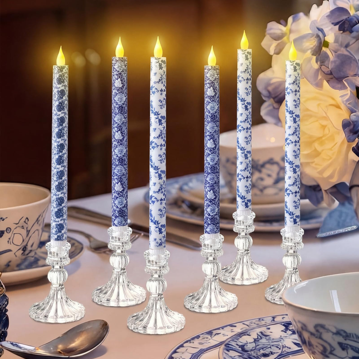 Baquler Mother's Day chinoiserie flameless candles set enhances tablescapes with timeless blue-and-white style.
